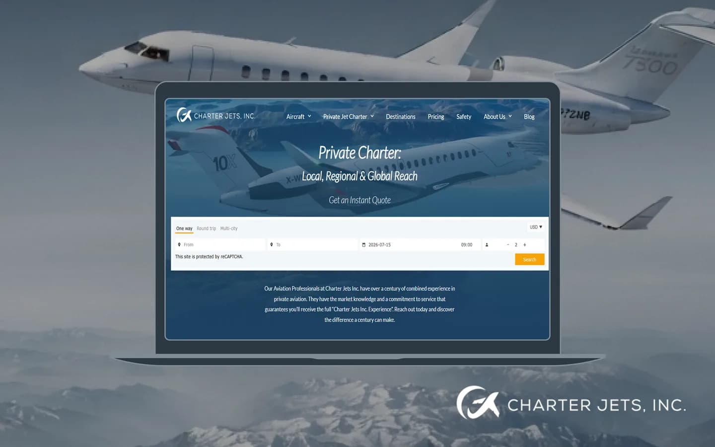 Private Jet Charter Website Design: CharterJetsInc | Mettevo