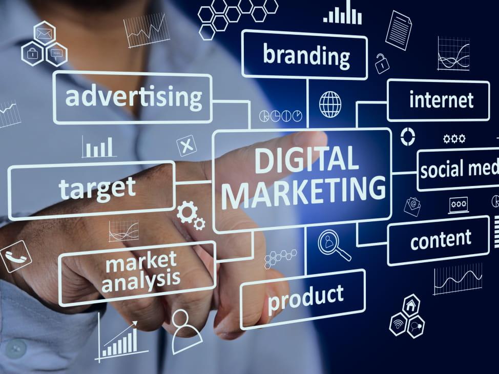 Digital marketing concept with interactive icons and text