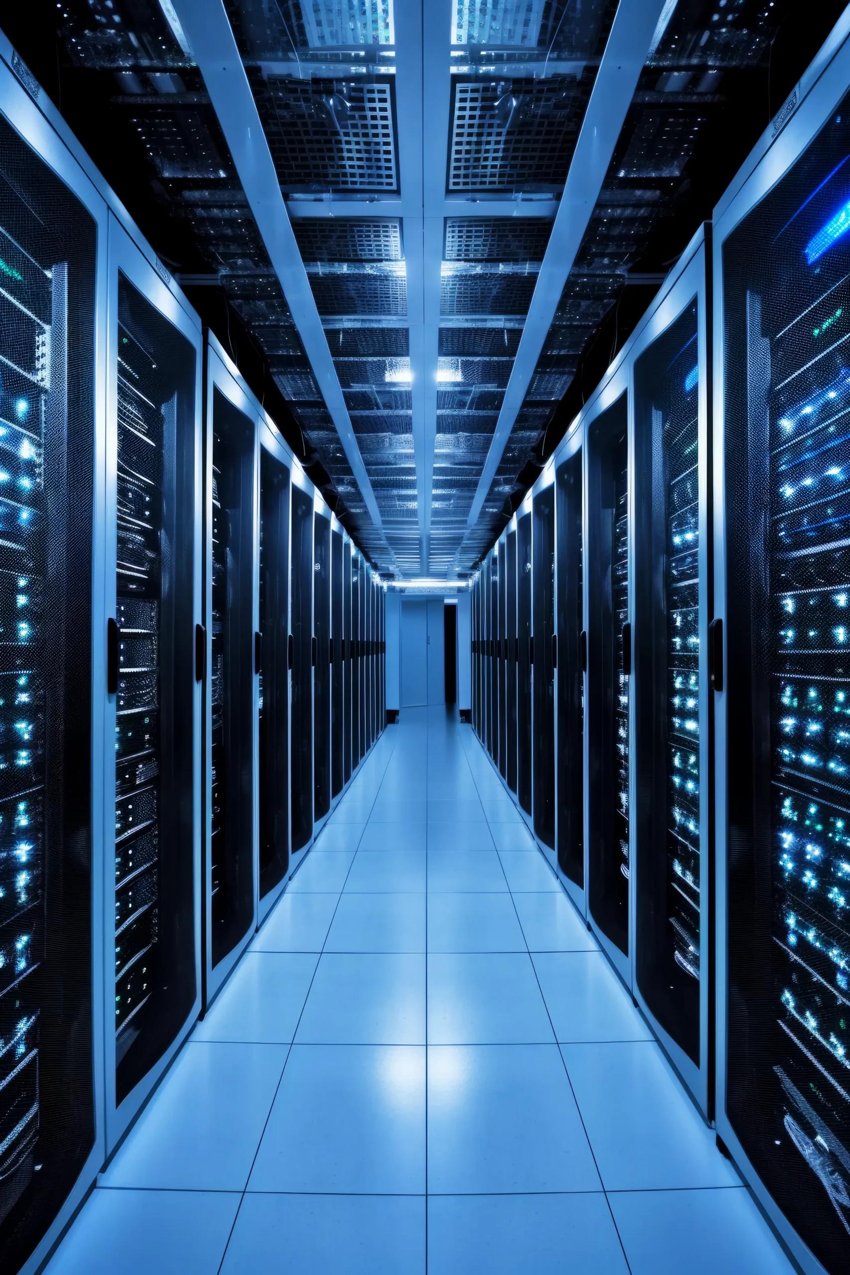 Server racks with blue lights