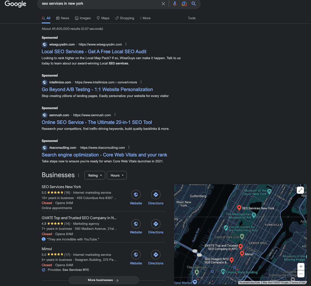 SERP with map and ads