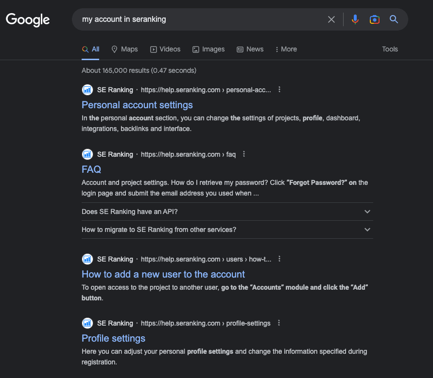 SERP for account help in SE Ranking
