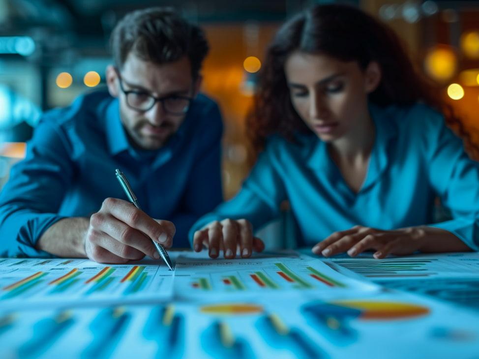 Two professionals analyzing marketing data
