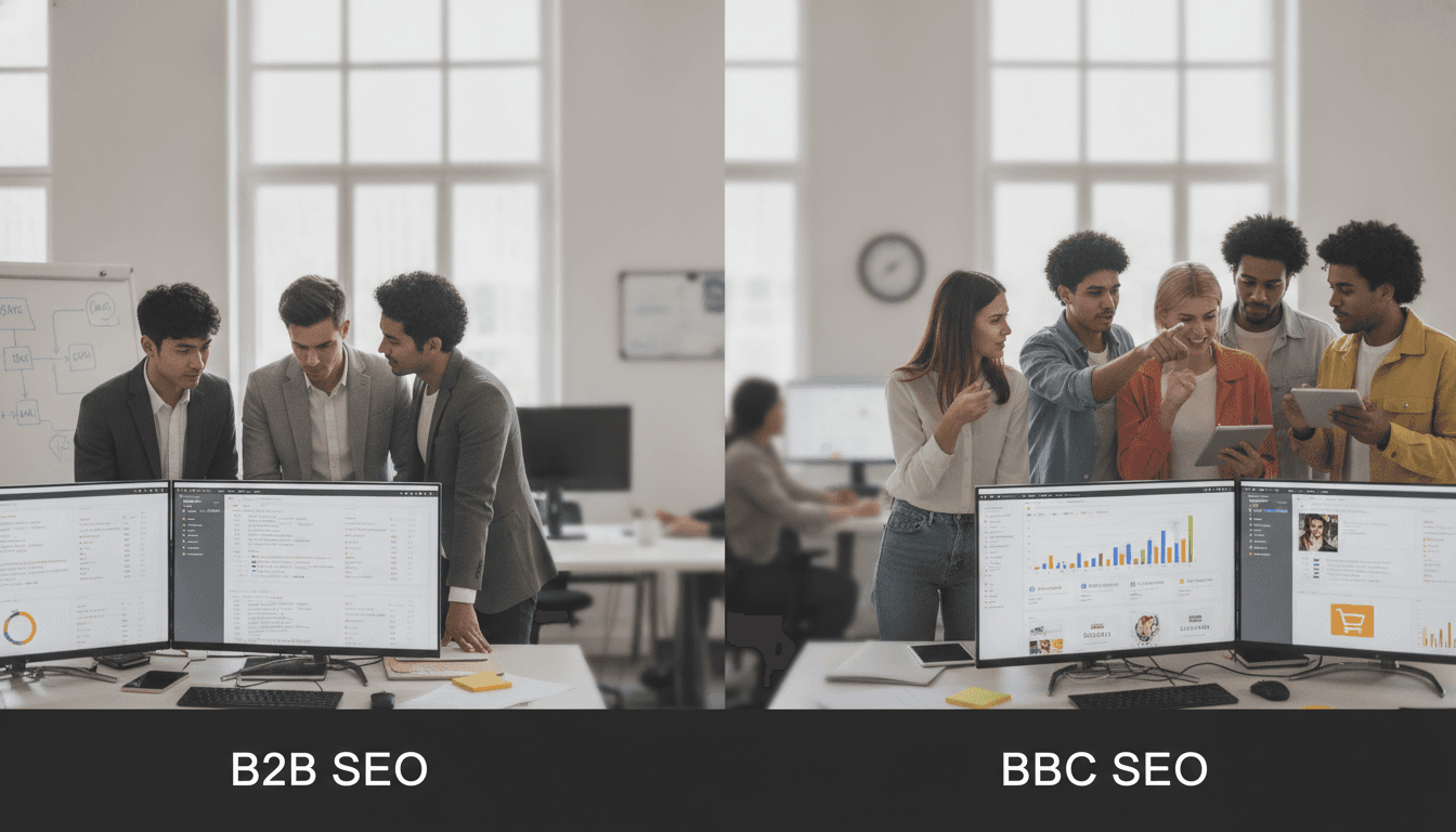 Marketing team analyzing SEO data in a modern office — differences between b2b seo and b2c seo