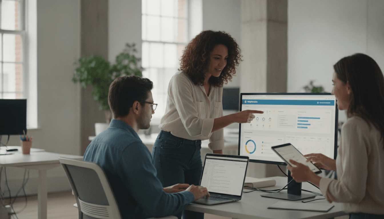 Marketing team analyzing SEO data in a modern office — shopify seo