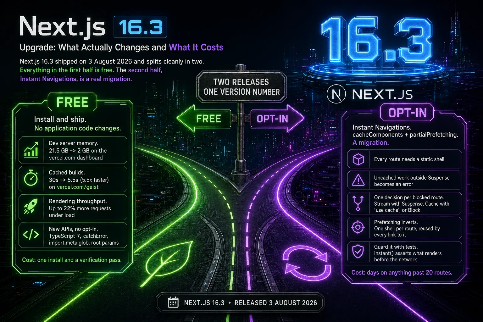 Title card for the article Next.js 16.3 Upgrade: What Actually Changes and What It Costs, showing a road that forks into two lanes under a signpost reading TWO RELEASES ONE VERSION NUMBER. The green FREE lane on the left is labelled Install and ship, no application code changes, and lists dev server memory dropping from 21.5 GB to 2 GB on the vercel.com dashboard, cached builds dropping from 30s to 5.5s on vercel.com/geist, rendering throughput up to 22% more requests under load, and new APIs with no opt-in: TypeScript 7, catchError, import.meta.glob and root params. Its cost is one install and a verification pass. The purple OPT-IN lane on the right is labelled Instant Navigations, cacheComponents plus partialPrefetching, a migration, and lists five requirements: every route needs a static shell, uncached work outside Suspense becomes an error, one decision per blocked route between Stream with Suspense, Cache with 'use cache' or Block, prefetching inverts to one shell per route reused by every link to it, and guard it with tests where instant() asserts what renders before the network. Its cost is days on anything past 20 routes. A footer bar reads Next.js 16.3, released 3 August 2026.