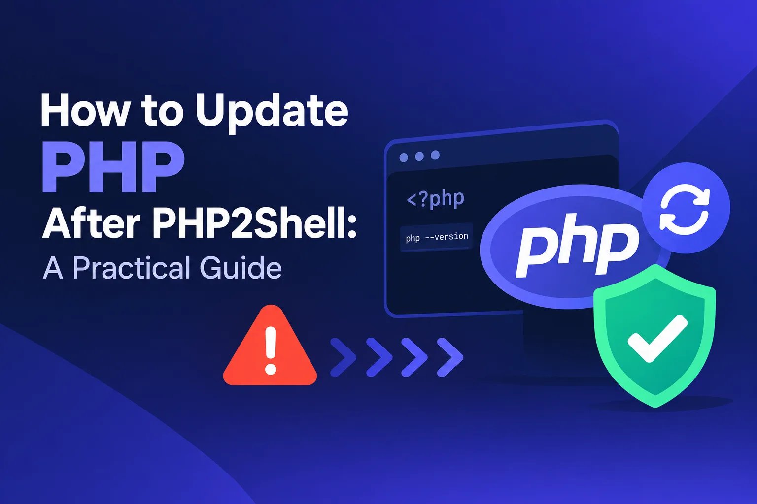 Title card for the article How to Update PHP After PHP2Shell: A Practical Guide. On the right, a code window shows the lines <?php and php --version next to a large PHP logo with a refresh icon and a green shield with a check mark. Below the title, a red warning triangle points through a row of arrows towards the shield.